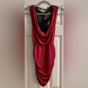 Red Draped Mini Dress with Lace Detail